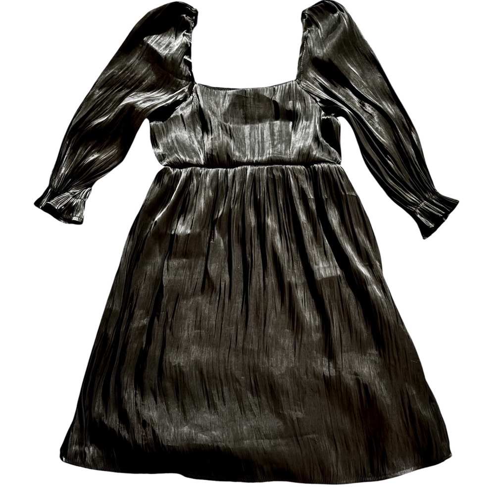 Blu Pepper Black Metallic Plisse Mini Dress Square Neck Puff Sleeve